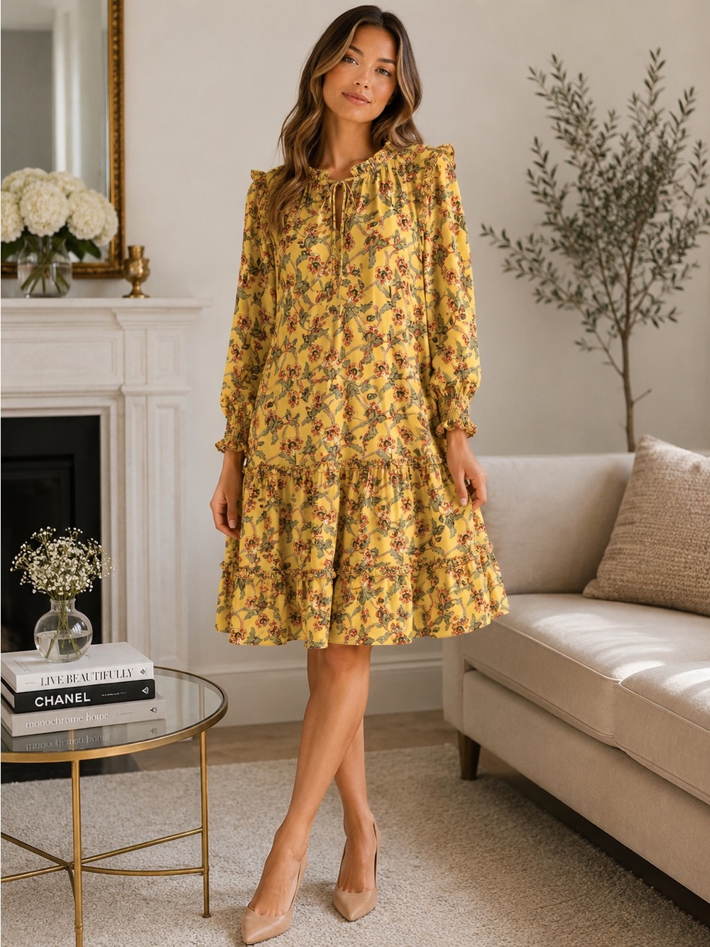 Max Studio Yellow Floral Ruffle Dress | Size Medium | NWT